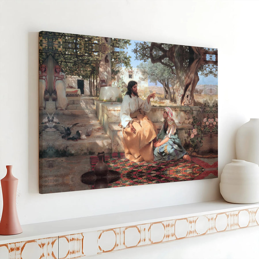 Jesus Christ Canvas Wall Art | Christ at the House of Martha and Mary Painting | Premium Gallery Wrapped Canvas | Christian Home Decor Gift