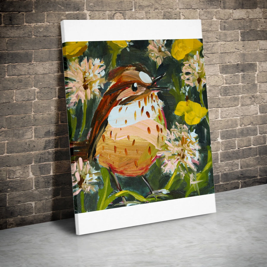 Song Sparrow Canvas Wall Art | Impressionist Bird Painting with Dandelions | Premium Gallery Wrapped Print | Nature Lover Gift for Home Decor