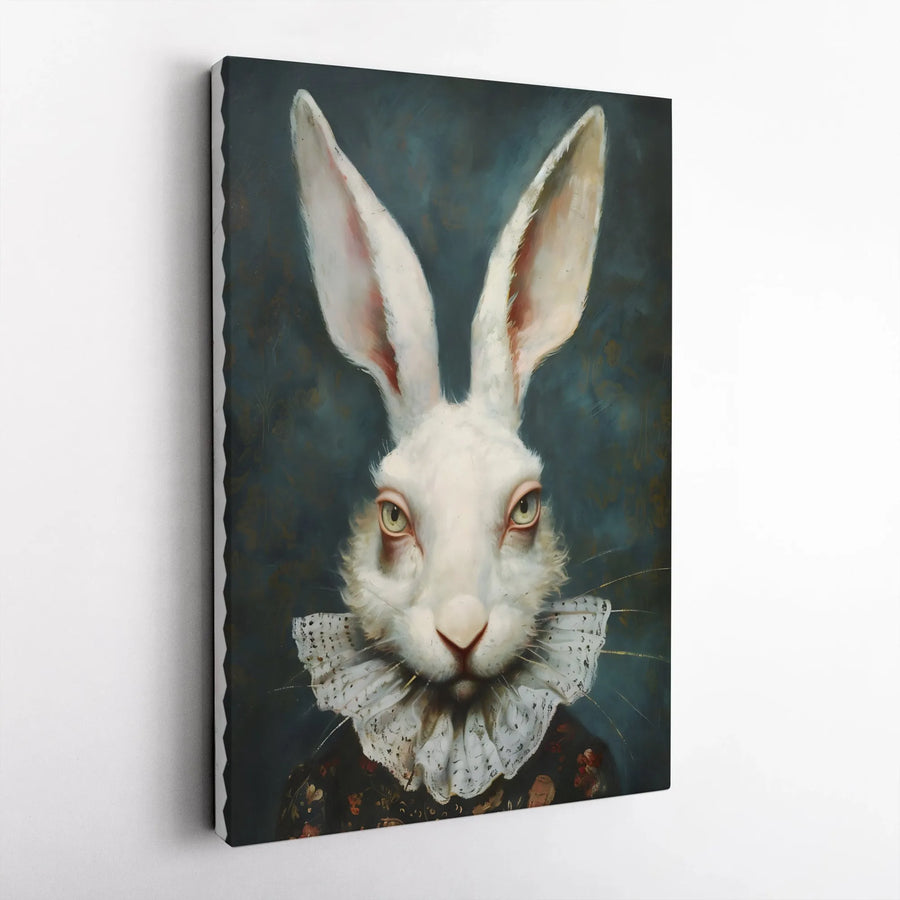 White Rabbit Canvas Wall Art | Renaissance Portrait With Lace Ruff | Premium Gallery Wrap Print | Quirky Victorian Style Gift For Animal Lovers