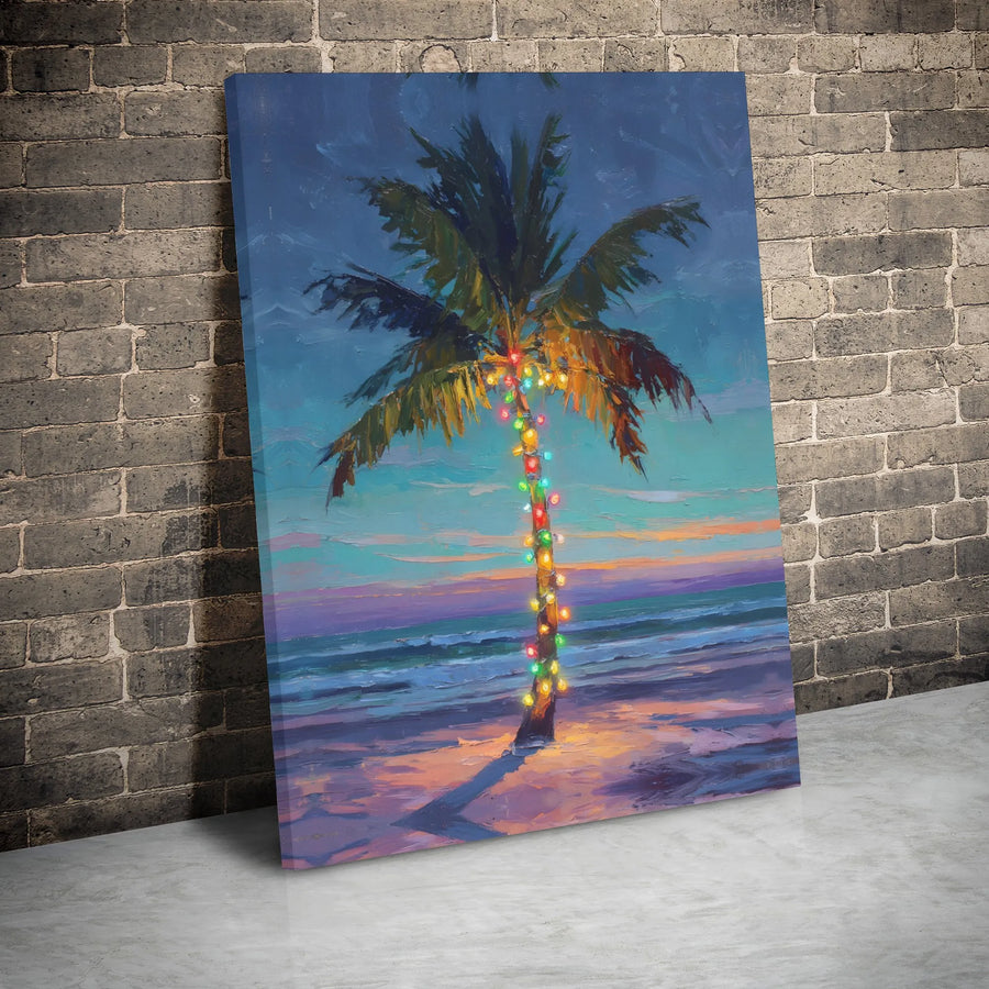 Tropical Christmas Palm Tree Canvas | Festive Coastal Beach Sunset Wall Art | Premium Gallery Wrap Decor | Holiday Living Room Gift for Beach Lovers