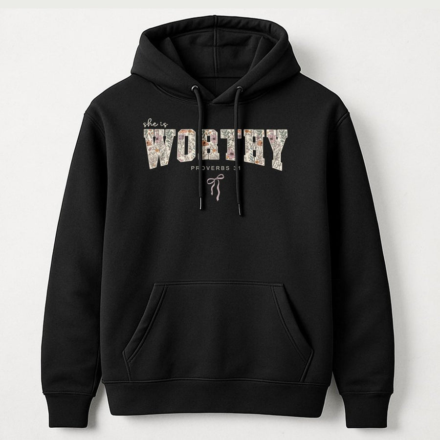 She Is Worthy Hoodie | Proverbs 31 Floral Christian Sweatshirt | Premium Cotton-Blend Religious Gift | Faith-Based Apparel for Women