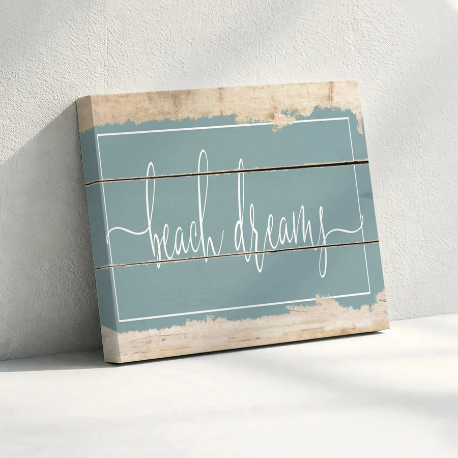 Beach Dreams Wall Art | Coastal Cursive Typography Canvas | Premium Gallery Wrapped Decor | Relaxing Ocean Home Interior Gift