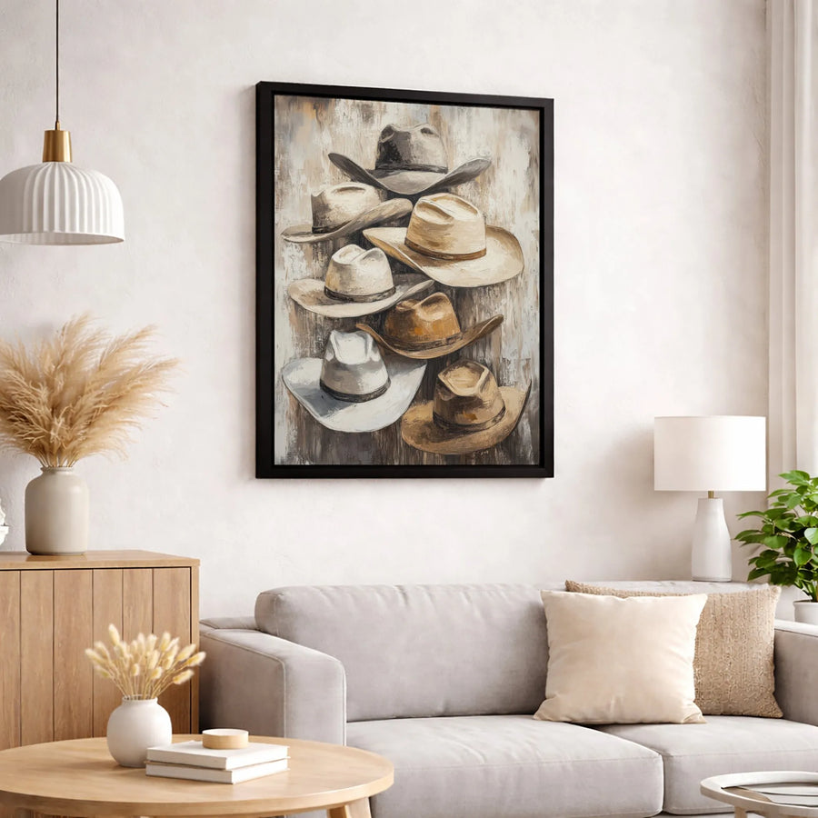 Rustic Cowboy Hats Canvas Art | Western Farmhouse Wall Decor | Premium Gallery Wrap Print | Southwestern Style Gift for Ranch Home