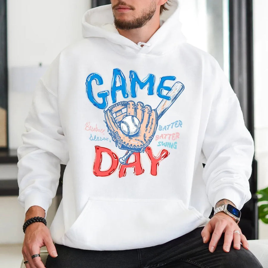 Game Day Baseball Hoodie | Doodle Sketch Graphic Pullover | Soft Cotton Blend | Gift for Sports Mom Fan