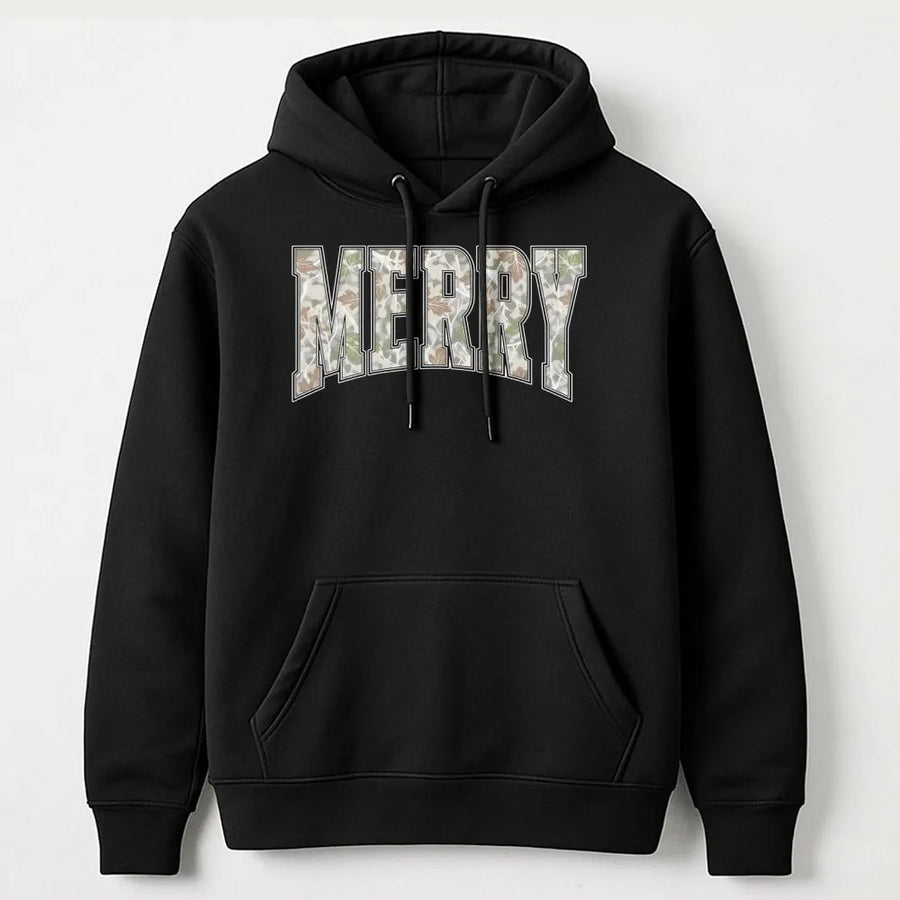 Merry Christmas Hoodie | Camo Varsity Letter Graphic | Premium Cotton Blend | Unisex Holiday Gift for Men and Women