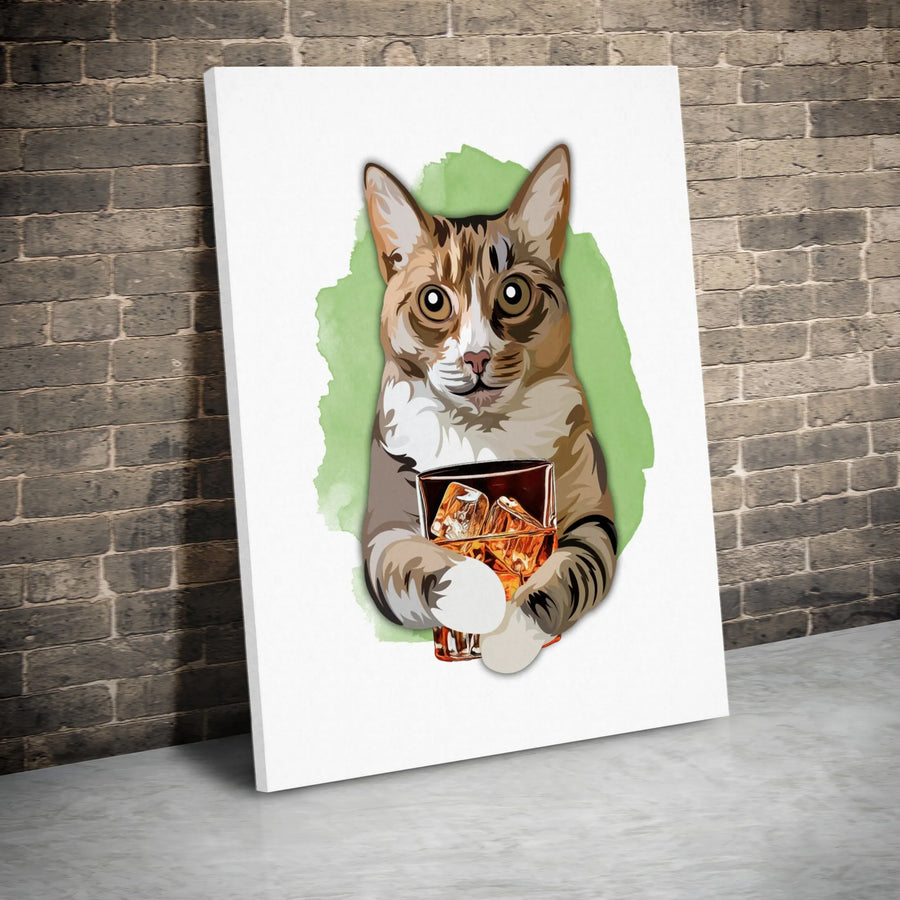 Tabby Cat Whiskey Canvas Wall Art | Funny Drinking Pet Portrait | Premium 1.25" Gallery Wrap | Gift for Cat Lovers & Bar Decor