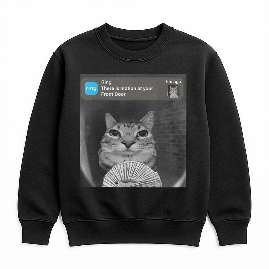Cat Meme Sweatshirt | Money Fan Motion Alert Design | Cotton Blend Crewneck | Funny Animal Gift for Cat Lovers