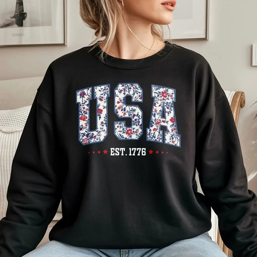 Patriotic Floral USA Sweatshirt | EST 1776 Vintage Graphic Tee | Premium Cotton Comfort Colors Shirt | 4th of July Gift for Women