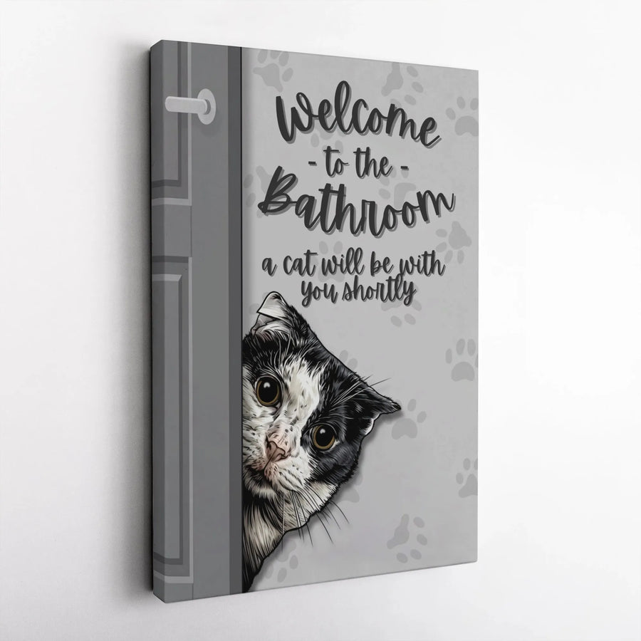 Funny Cat Bathroom Wall Art | Peeking Kitty Welcome Sign | Premium Gallery Wrap Canvas | Unique Cat Lover Gift for Home Decor