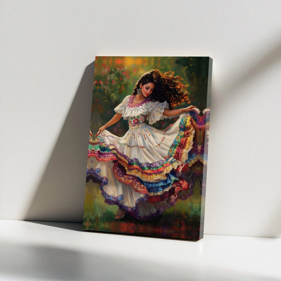 Mexican Folklorico Dancer Canvas Print | Vibrant Traditional Folk Dress Painting | Premium Gallery Canvas | Hispanic Heritage Gift & Latina Wall Decor