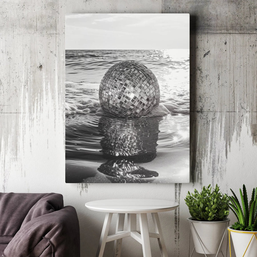 Disco Ball On Beach Canvas Print | Surreal Ocean Shore Wall Art | Premium Fade-Resistant Gallery Wrap | Modern Home Decor For Music Lovers