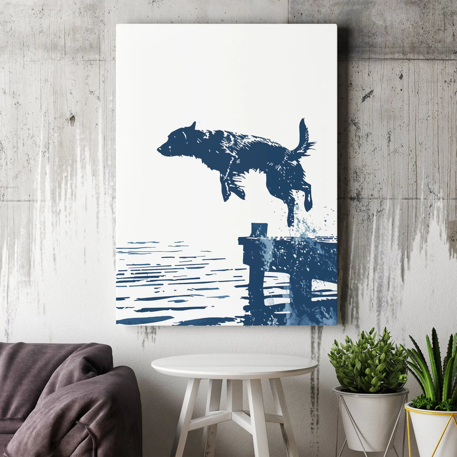 Dog Jumping Off Dock Vertical Canvas | Minimalist Silhouette Art | Premium Thick Gallery Wrap | Modern Home Decor Gift for Dog Lover