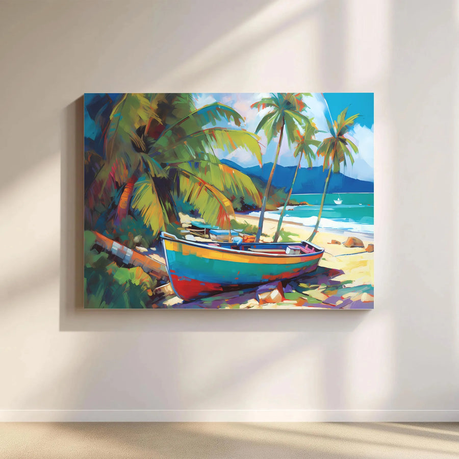 Tropical Beach Canvas Wall Art | Colorful Boat Under Palm Trees | 1.25 Inch Gallery Wrap | Coastal Living Room Decor Gift