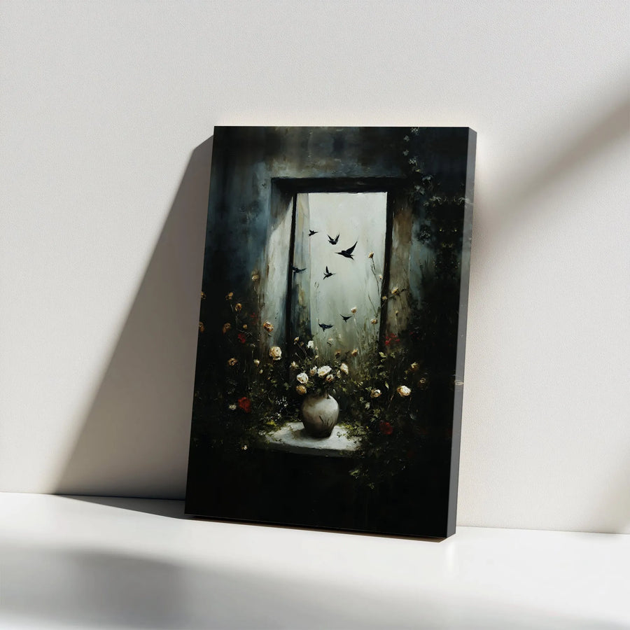 Moody Floral Canvas Print | Vintage Still Life with Birds in Window | Premium Gallery Wrapped Canvas | Dark Academia Wall Decor Gift