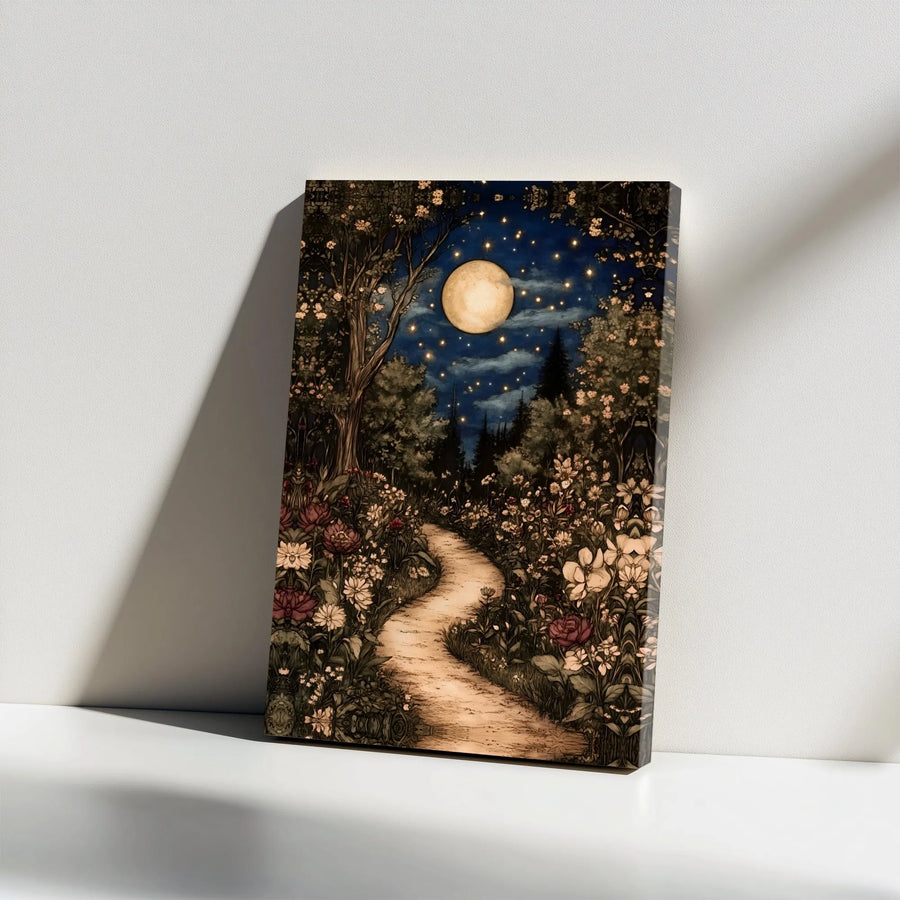 Enchanted Garden Path Canvas | Whimsical Night Forest Moon Wall Art | Premium Gallery Wrap Decor | Magical Nature Landscape Gift