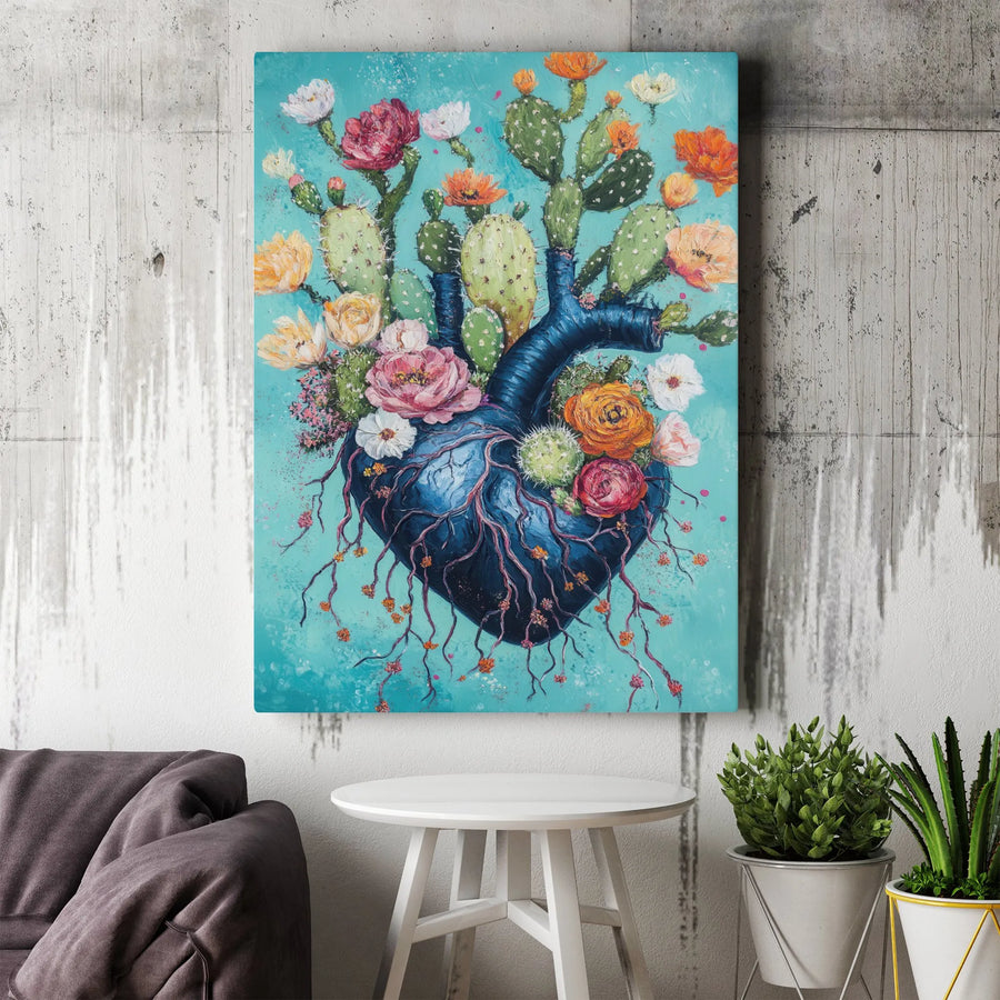 Anatomical Heart Canvas Art | Botanical Cactus Desert Flower Wall Decor | Premium 1.25 Inch Gallery Wrap | Unique Floral Gift for Her