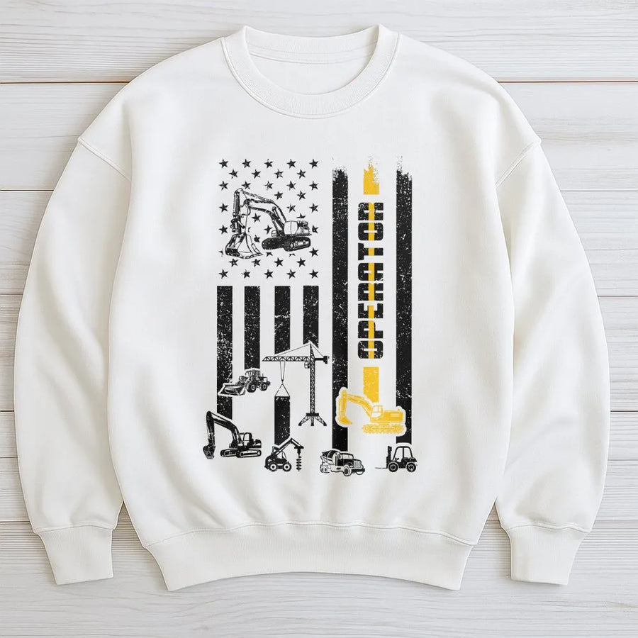 Heavy Equipment Operator Sweatshirt | American Flag Construction Graphic | Premium Cotton Blend Crewneck | Gift for Crane Excavator Driver