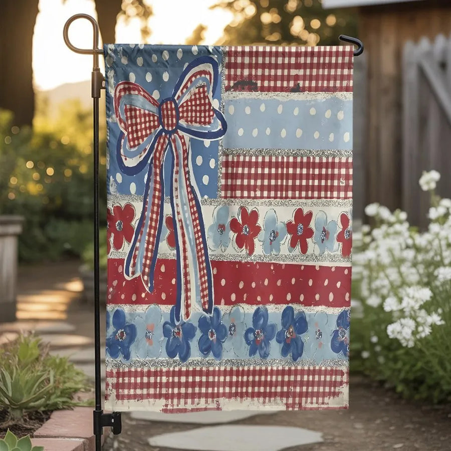 Patriotic Garden Flag | Rustic Floral Americana Print with Bow | Weatherproof Double Sided Fabric | Premium 4th of July & Memorial Day Yard Decor
