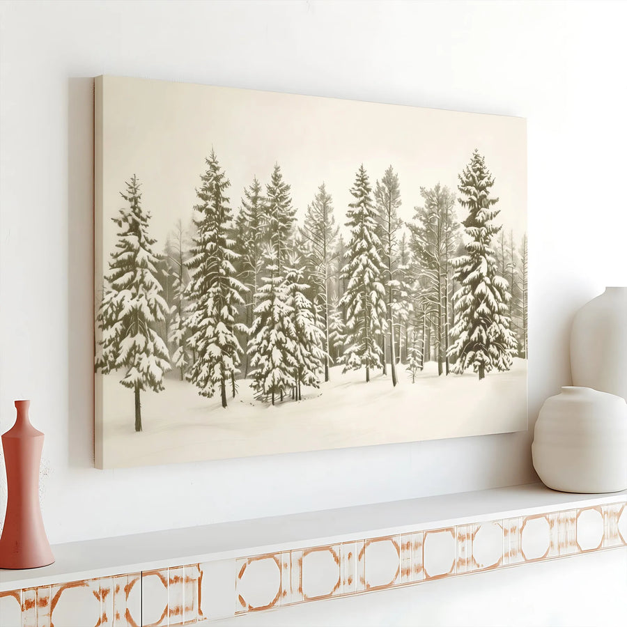 Winter Pine Forest Canvas Wall Art | Snowy Landscape Sketch Print | Premium Gallery Wrap Decor | Nature Lover Gift for Home & Office