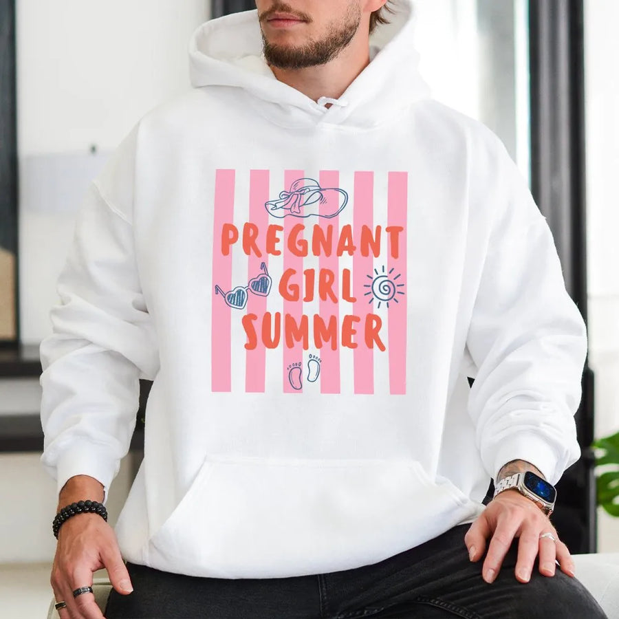 Pregnant Girl Summer Hoodie | Beach Themed Pregnancy Announcement | Premium Cotton Blend | Gift for Expecting Mom to Be