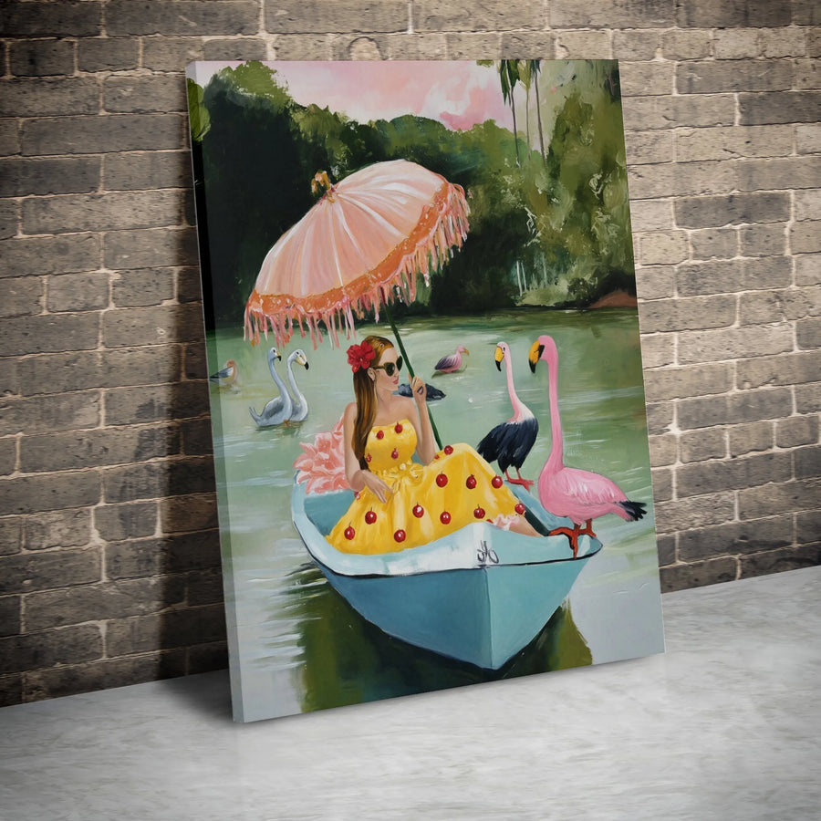 Whimsical Flamingo Boat Canvas Art | Cherry Print Dress Woman Painting | Gallery-Grade Fade-Resistant Print | Vibrant Tropical Wall Decor