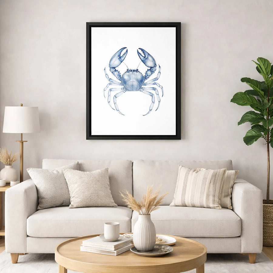 Blue Crab Nautical Canvas Wall Art | Coastal Navy Sketch Illustration | Premium Gallery-Wrapped Print | Elegant Beach House Decor Gift