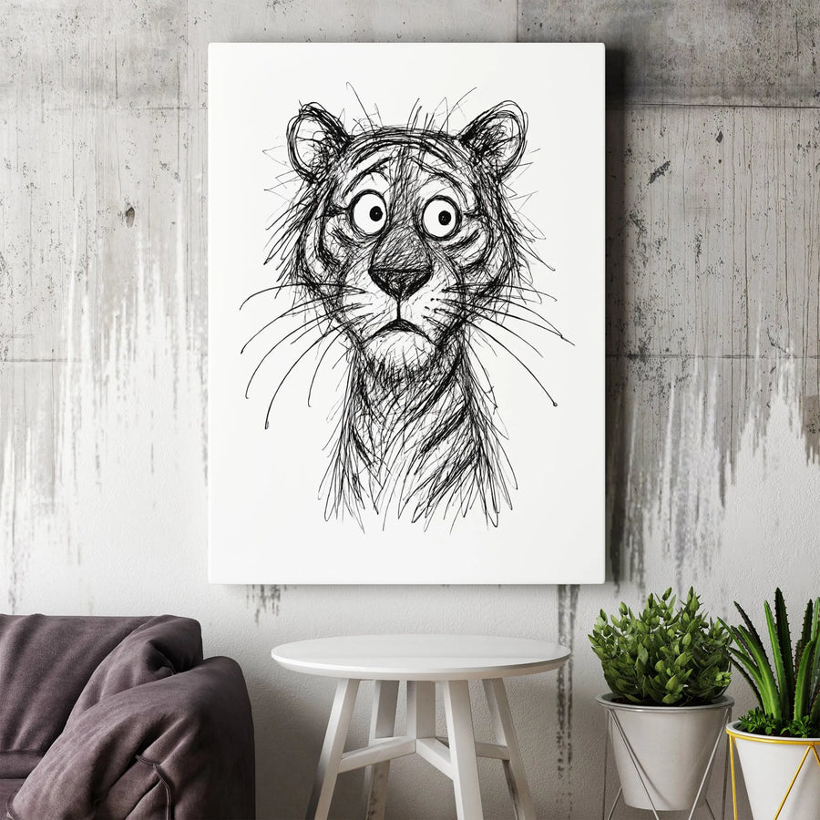 Funny Tiger Sketch Canvas | Scribble Line Art Drawing | Premium Gallery Wrapped Canvas | Modern Minimalist Decor Gift