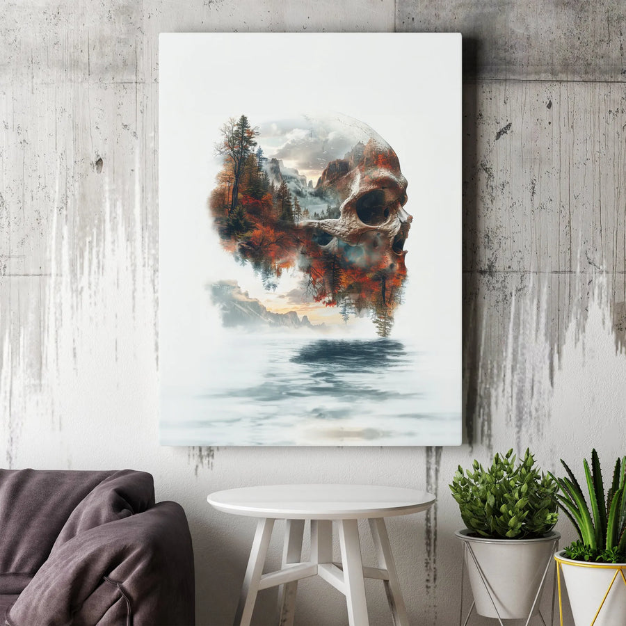 Double Exposure Skull Canvas Art | Mountain Forest Landscape Print | Premium Gallery-Wrapped Wall Decor | Gothic Nature Gift for Him