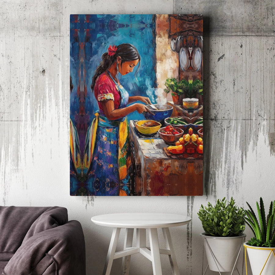 Hispanic Woman Cooking Canvas Wall Art | Vibrant Kitchen Painting Print | Premium Gallery Wrapped Canvas | Cultural Home Decor Gift