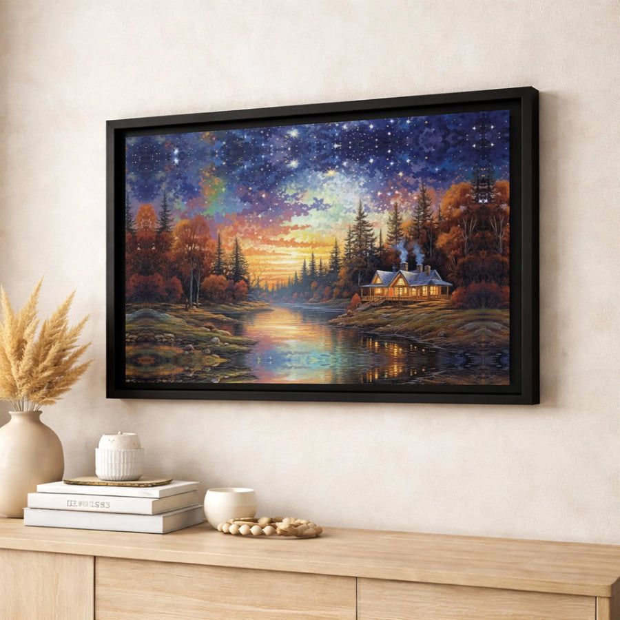 Lakeside Cabin Wall Art | Autumn Forest Starry Night Landscape | Premium 1.25" Gallery Canvas | Cozy Nature Home Decor Gift