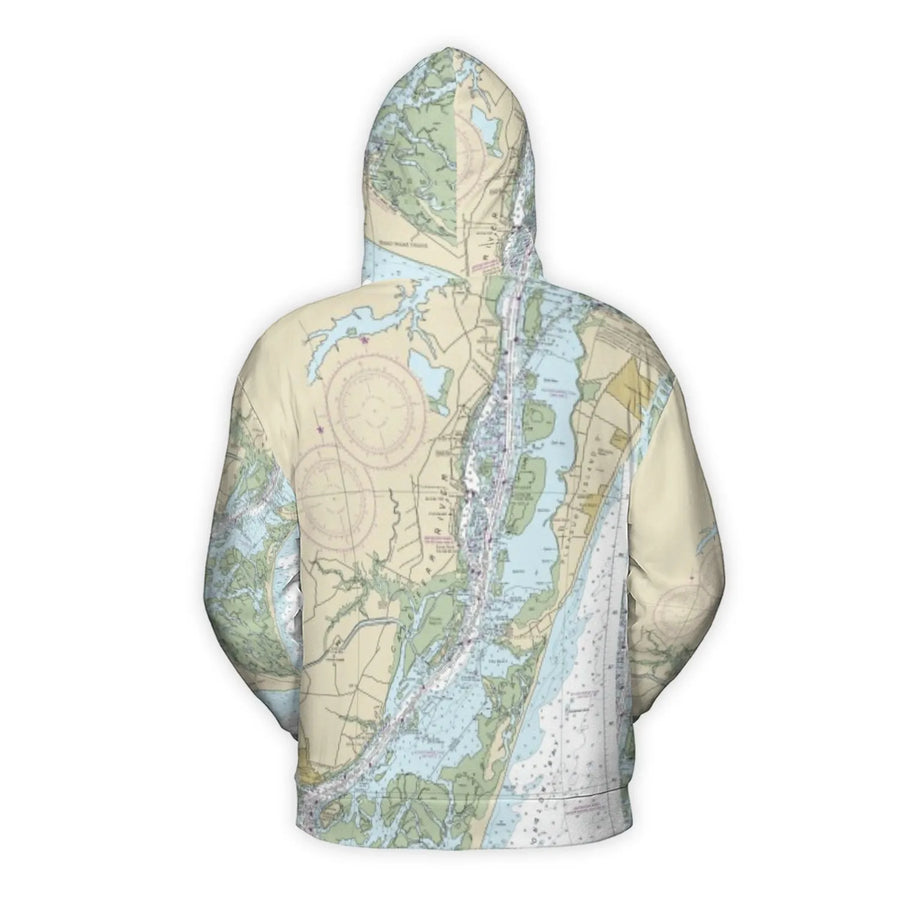 Bald Head Island Nautical Map Hoodie | All-Over Print Chart Design | Premium Brushed Fleece Lining | Coastal Gift for Beach Lovers & Sailors