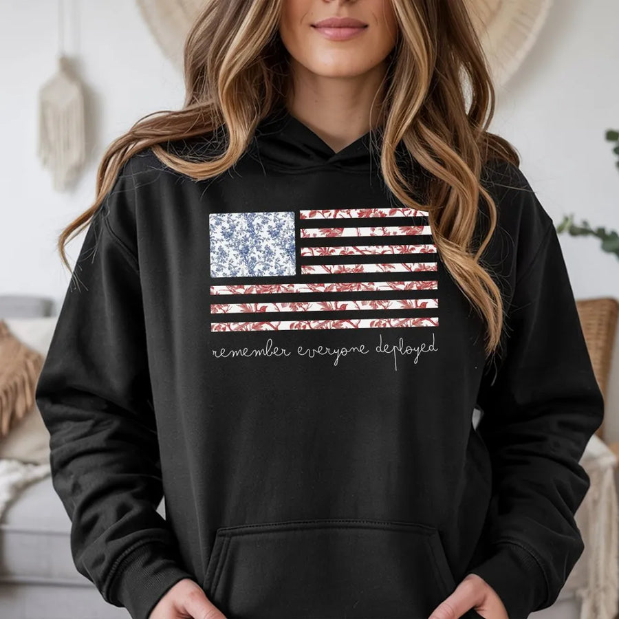 Red Friday Hoodie | Floral American Flag Remember Everyone Deployed | Premium Cotton Graphic Tee | Military Family Support Gift