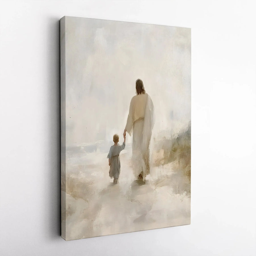 Jesus Walking with Child Canvas Wall Art | He Walks With Me Impressionist Painting | Premium Gallery Wrapped Canvas | Christian Home Decor Gift