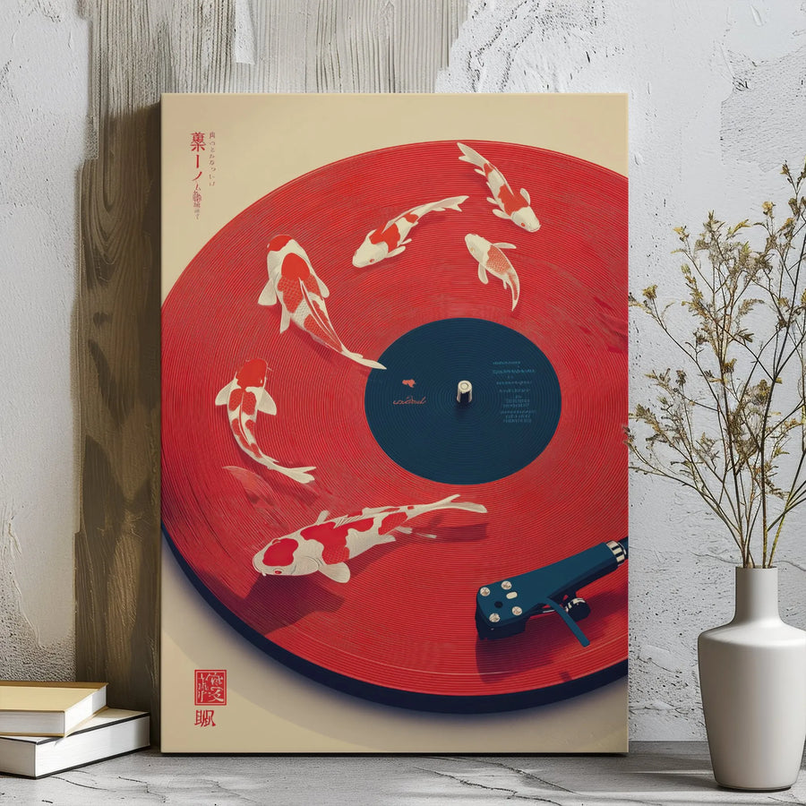 Japanese Koi Fish Vinyl Record Canvas Wall Art | Surreal Retro Music Decor | Premium Gallery Wrap Print | Unique Gift for Vinyl Collectors & Audiophiles