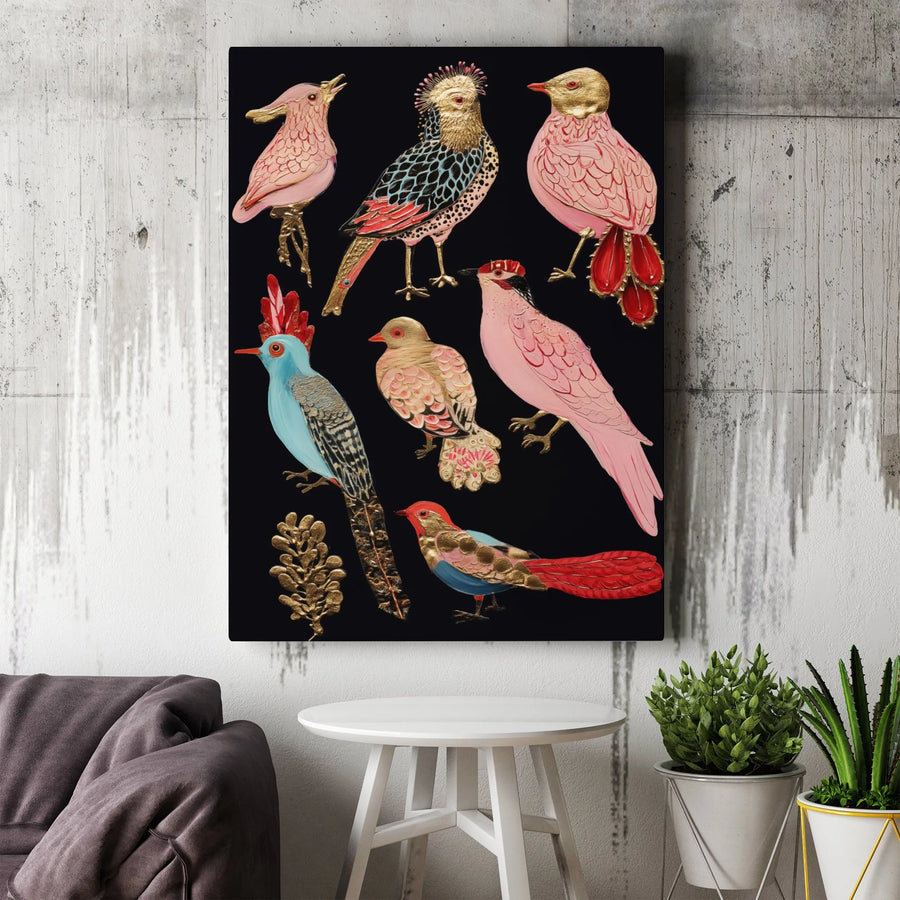 Colorful Bird Wall Art | Gold Leaf Botanical Illustration | Gallery Wrapped Canvas Print | Elegant Nature Home Decor Gift