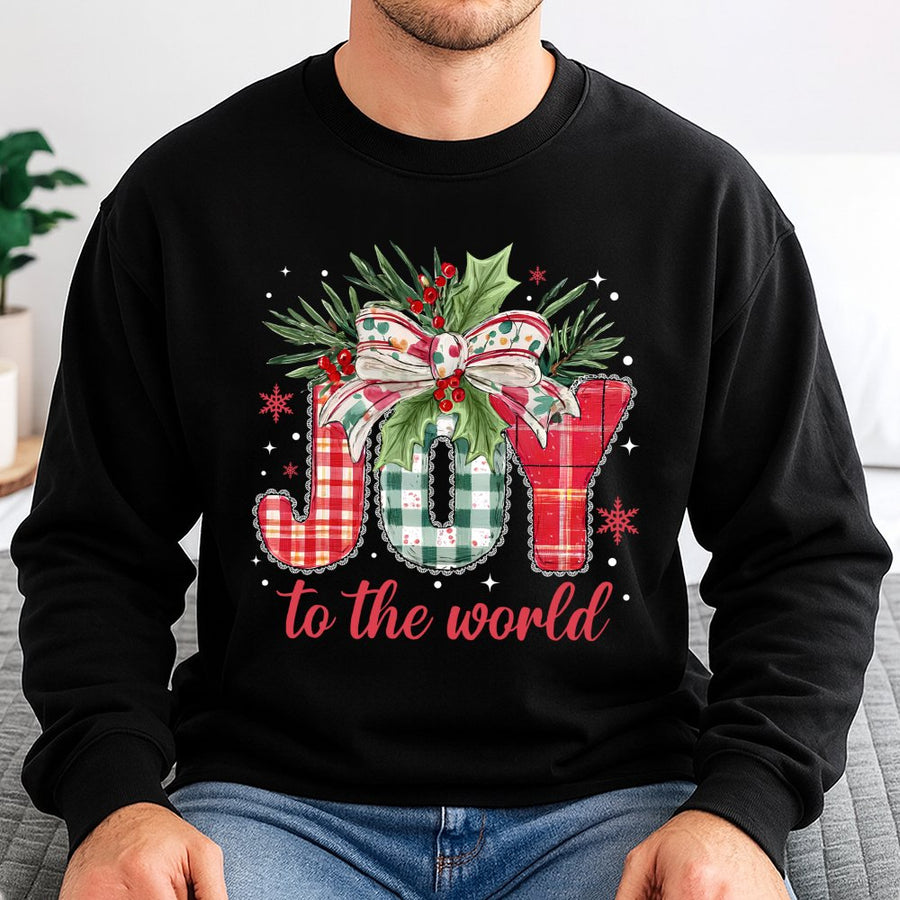 Joy To The World Christmas Sweatshirt | Plaid Festive Holiday Graphic | Soft Cotton Blend | Religious Christian Gift For Women
