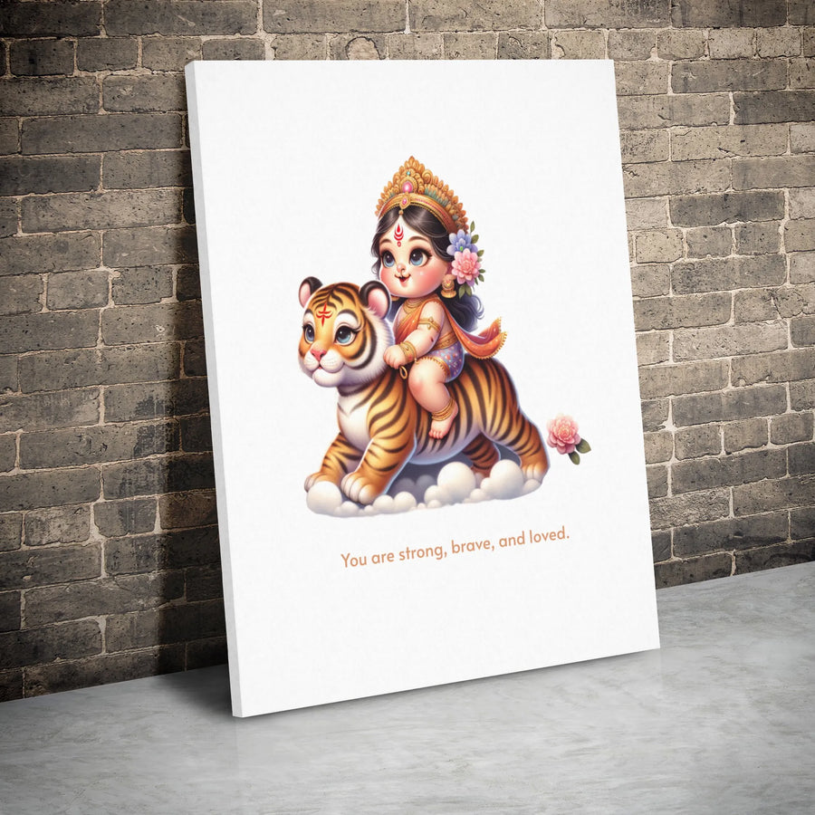 Baby Goddess Durga Canvas Print | Cute Tiger Cub Nursery Wall Art | 1.25 Inch Premium Gallery Wrap | Inspirational Hindu Spiritual Gift for Kids