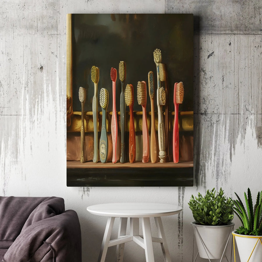 Vintage Toothbrush Collection Canvas Print | Still Life Bathroom Art | Gallery-Quality Fade-Resistant Decor | Unique Dental Office Gift Wall Art