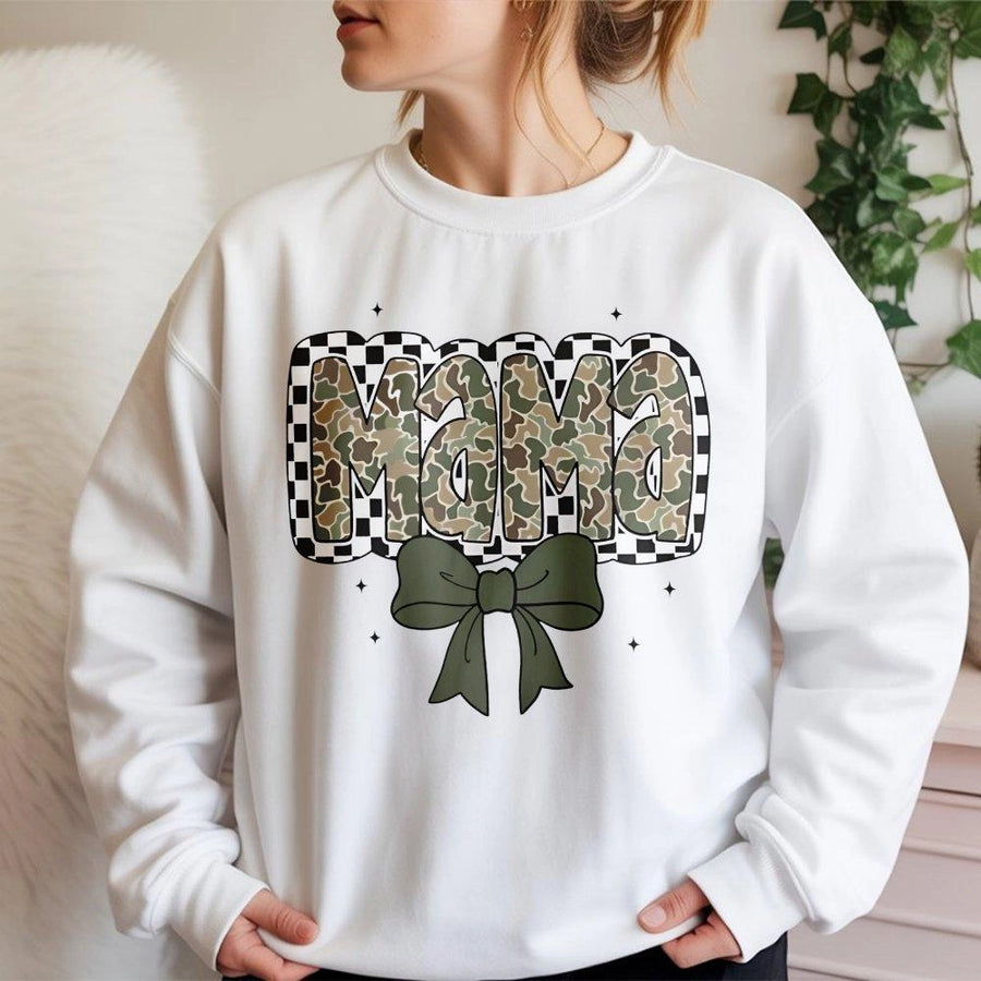 Mama Sweatshirt | Checkered Camo Coquette Bow Print | Premium Cotton-Poly Blend | Mother's Day 2026 Gift for Mom, New Mom or Mama Birthday Present