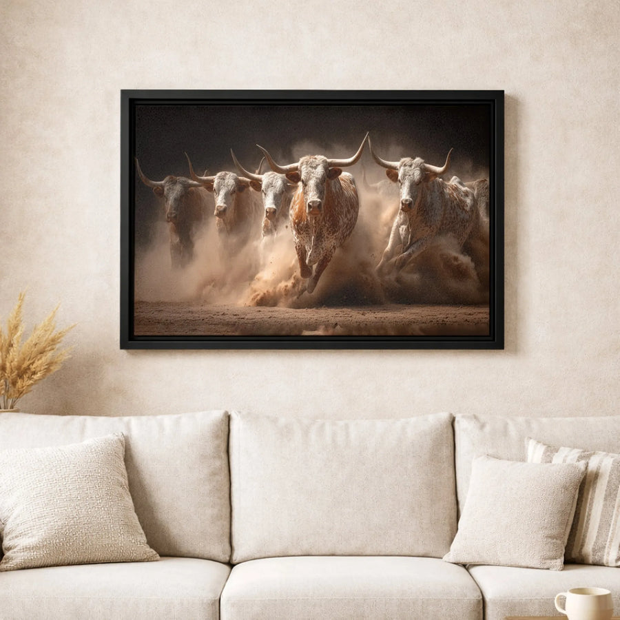 Texas Longhorn Stampede Canvas Art | Western Bull Herd Dust Wall Decor | Premium Gallery Wrap Print | Rustic Farmhouse Home Office Gift