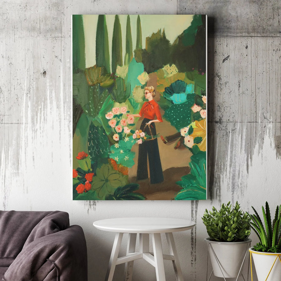 Mid-Century Modern Woman in Garden Vertical Canvas | Elegant Lady Picking Flowers Art | Premium Gallery Wrapped Canvas | Collector's Living Room Wall Decor Gift