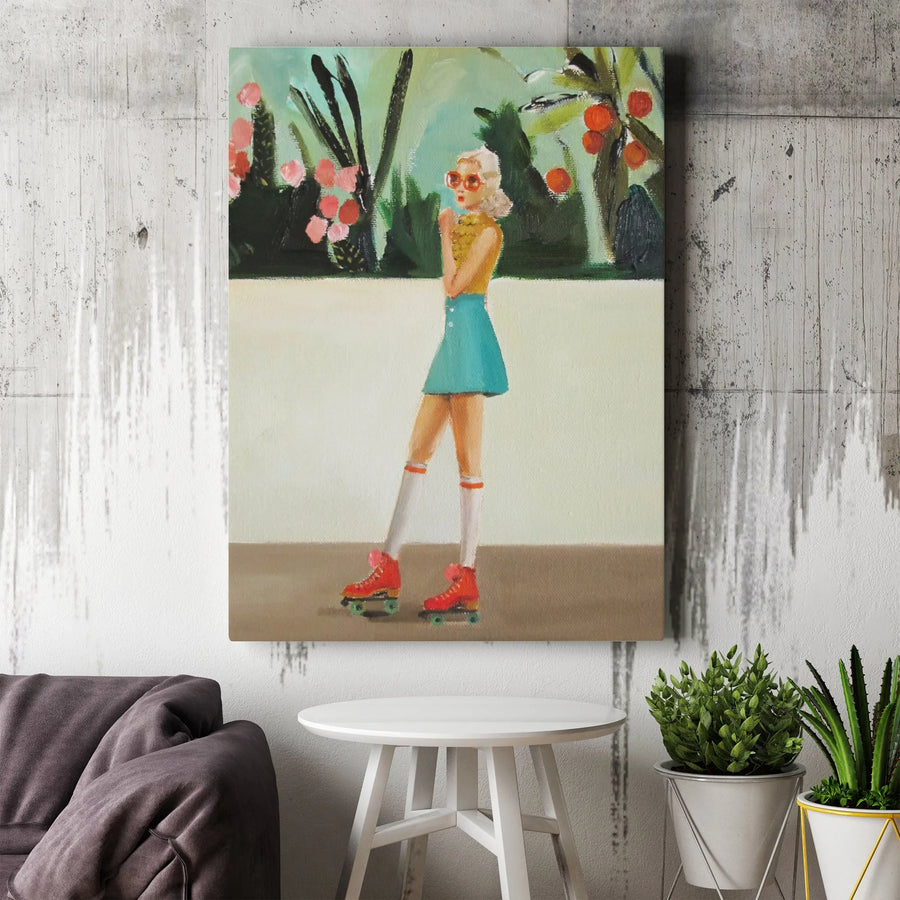 Retro Roller Skate Girl Canvas Print | Vintage 70s Summer Painting Art | Premium Thick Gallery Wrapped Canvas | Nostalgic Wall Decor Gift for Her