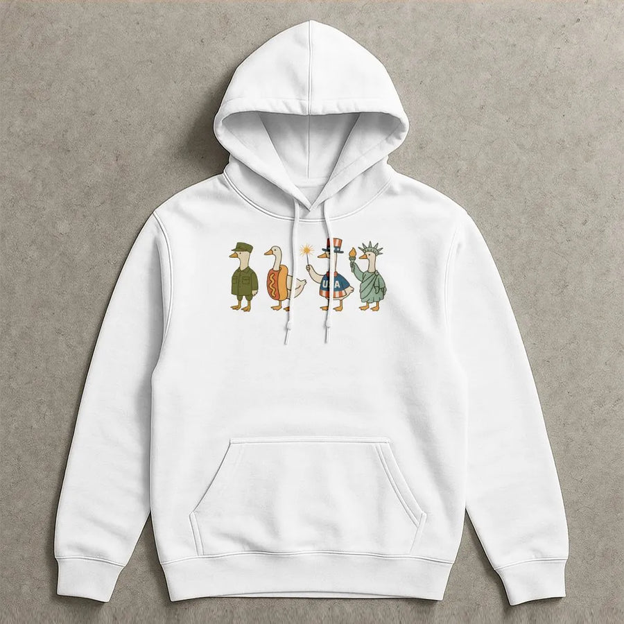 Funny 4th of July Goose Hoodie | Patriotic USA Geese Parade Graphic | Soft Cotton Blend Sweatshirt | Unisex Independence Day Gift
