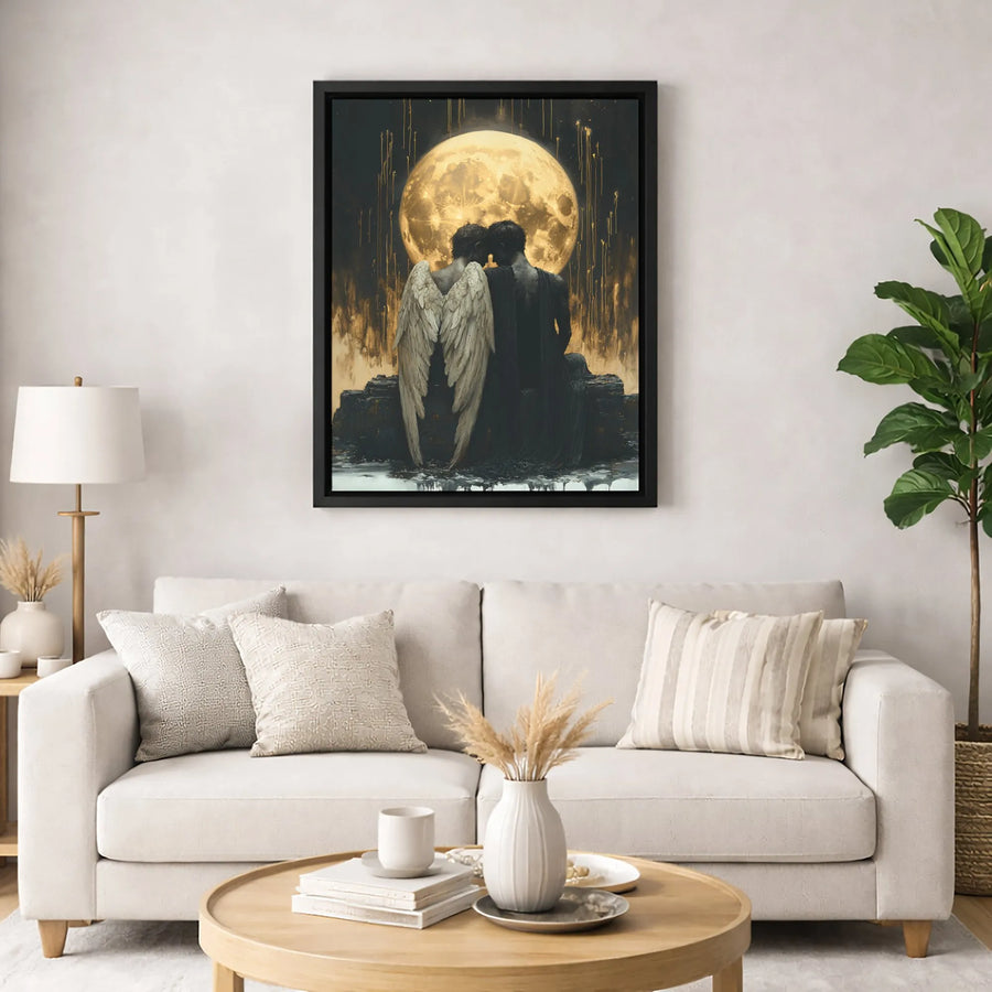 Angel and Demon Lovers Canvas | Romantic Gothic Moon Art Print | 1.25 Inch Premium Gallery Wrap | Dark Fantasy Home Decor Gift