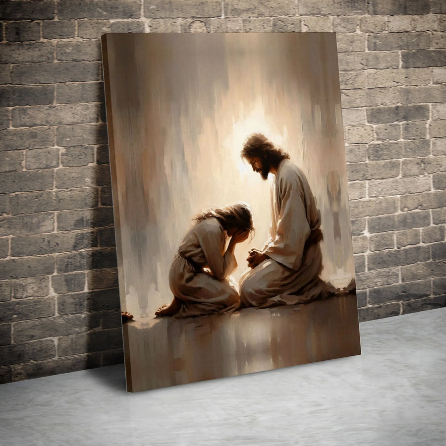 Jesus Comforting Weeping Woman Canvas Art | Religious Christian Wall Decor | Gallery Quality 1.25 Inch Print | Spiritual Healing Gift for Home