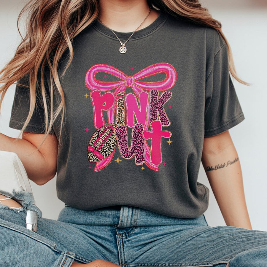 Pink Out Football T-Shirt | Leopard Bow Preppy Game Day Graphic | 100% Cotton Premium Tee | Breast Cancer Awareness Gift For Her & Mom