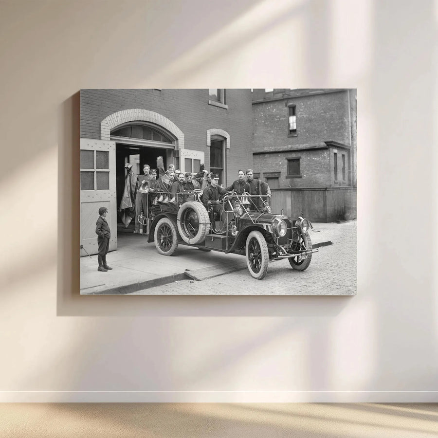 Vintage Firefighter Canvas Wall Art | Antique Fire Engine Photo Print | Gallery Wrapped Premium Decor | Historical Firehouse Gift for Him