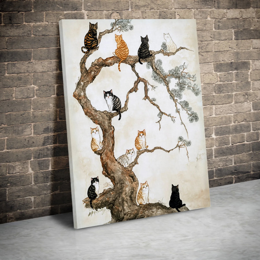 Cat Family Tree Vertical Canvas | Japanese Ink Wash Painting with Multiple Cats | Premium Wall Art | Unique Gift for Cat Lover & Home Decor