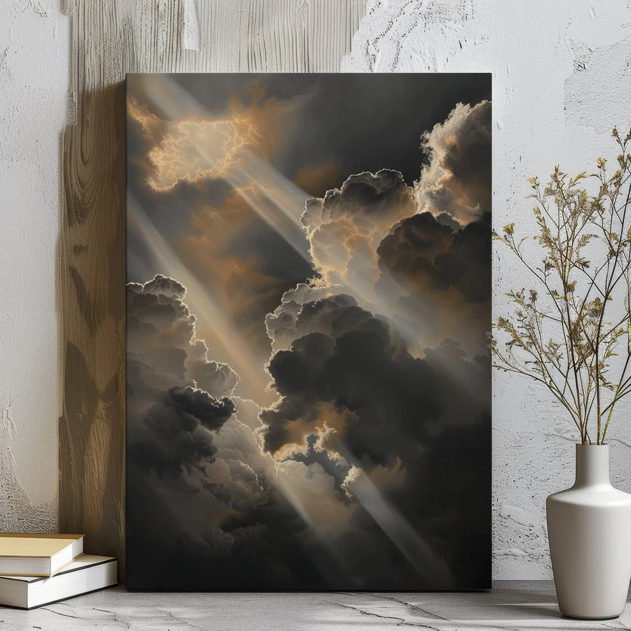 Stormy Cloud Canvas Wall Art | Sunbeams Breaking Through Dark Sky | Premium Gallery Wrapped Decor | Moody Landscape Gift for Home Office