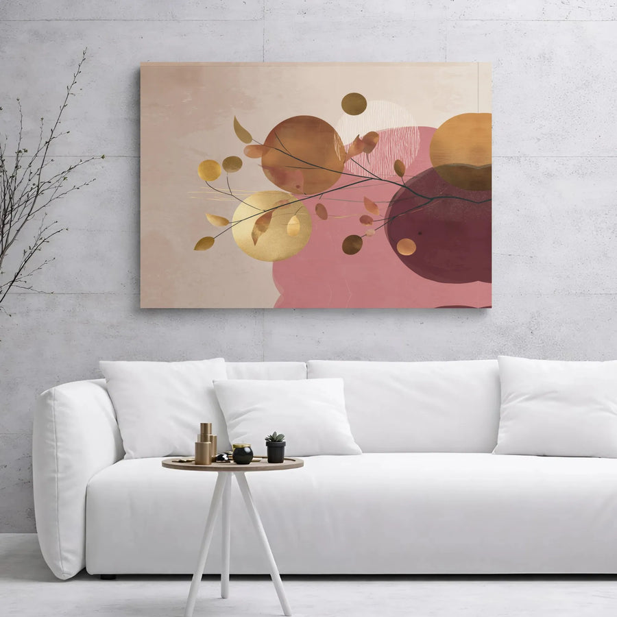 Abstract Geometric Wall Art | Gold Botanical Branch & Circles Print | Premium Gallery Wrap Canvas | Modern Home Decor Gift